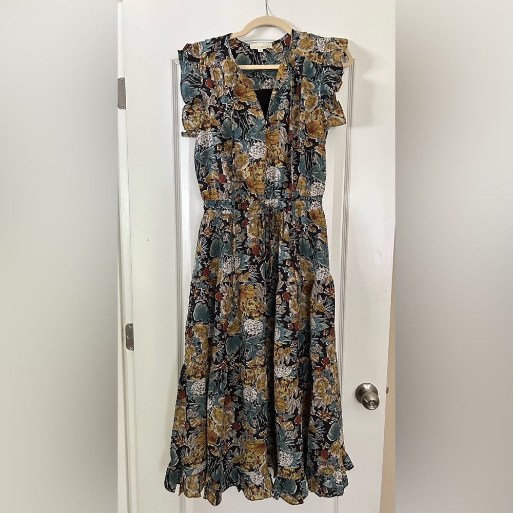 Pinch Floral Vneck Elastic Tie Waist Flutter Short Sleeve Tiered Midi Maxi Dress